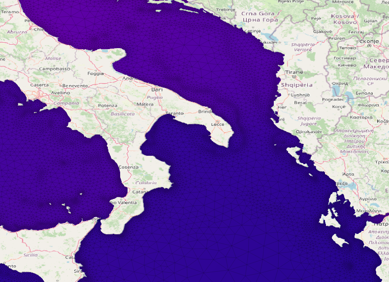 ‘Unstructured’ triangular mesh following CF-UGRID from ADCIRC Hydrodynamic Model in the Med. Sea including additional node/element conectivity rendered by QGIS