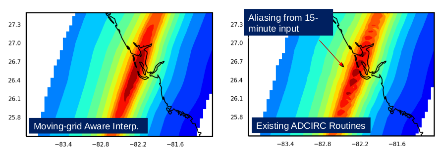 temporal-spatial aliasing of wind inputs for Hurricane Charley as it made landfall in Florida