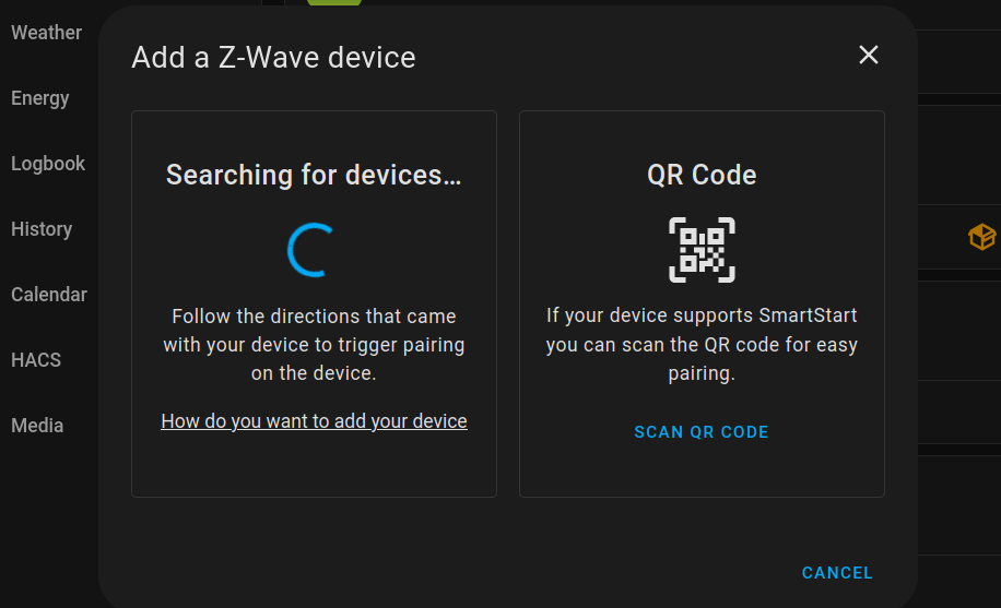 Interface to add ZWave device to Home Assistant.
